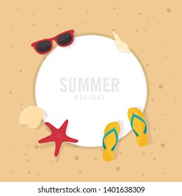 In summer holiday,Frame for text with shells and beach shoes on the background of sand