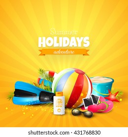 Summer Holidays Adventure. Beach ball, sunglasses, palm leaves, diving fins, flip-flops and bucket on orange background. Summer vacation concept