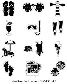 Summer and  holidays attributes in black stickers style
