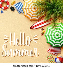Summer holidays background in the beach sand. Top view of beach element collections