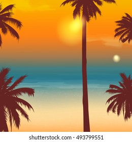 Summer holidays background. Exotic landscape with palm trees. Vector