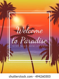 Summer holidays background. Exotic landscape with palm trees. Vector illustration