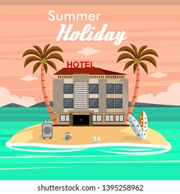 Summer holidays background on the beach with hotel and travel accessories