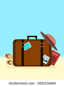 Summer holidays background on the beach with travel accessories. Vector illustration.