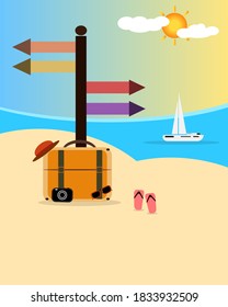 El fondo de las vacaciones de verano en la playa con accesorios de viaje. Ilustración vectorial.