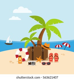 Summer holidays background on the beach with travel accessories. Vector illustration.