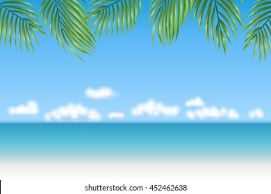 Summer Holidays background. Palm leaves, fluffy clouds, blue sea, white sand. Tropical beach. Vector backdrop.