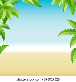 Summer holidays background. Palm leaves, beach sand, blue ocean and sky. Vector eps 10