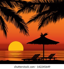 Summer holidays background with palm tree and lounge chair. Sunset View Poster. Vector beach resort wallpaper.