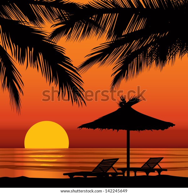 ヤシの木とラウンジチェアのある夏休みの背景 夕焼けポスター ベクタービーチリゾートの壁紙 のベクター画像素材 ロイヤリティフリー