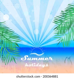 Summer holidays background in retro style with palms. Vector illustration.