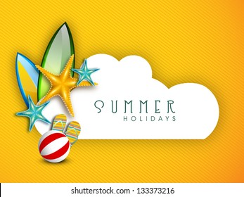 Summer Holidays background with shiny starfish, flip flops and ball with space for your message.