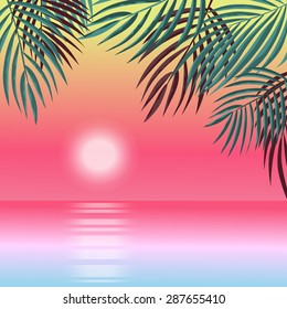 Summer holidays background. Sunrise, sea waves, palm leaves and glare on the water. Vector illustration EPS 10.