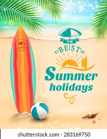 Summer holidays background - surfboard on against beach and waves. Vector illustration