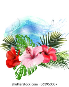 Summer   holidays  background with tropical flowers.  Template Vector. Place for your text