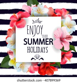 Summer holidays background with tropical flowers. Template Vector.