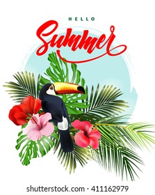 Summer holidays background with tropical flowers. Template Vector.