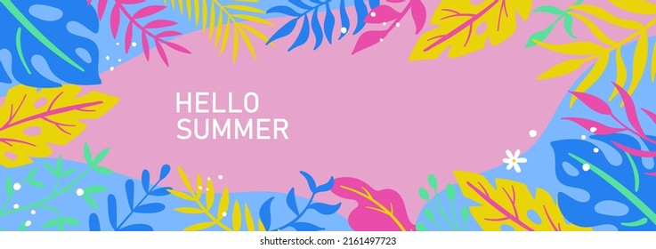 Summer holidays background with tropical leaves. Template for social media banner, poster, greeting card or website design