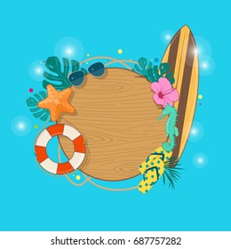 Summer holidays background with tropical leaves, starfish, sunglass, surfboard , lifebuoy and  wooden board with space for text. Vector illustration