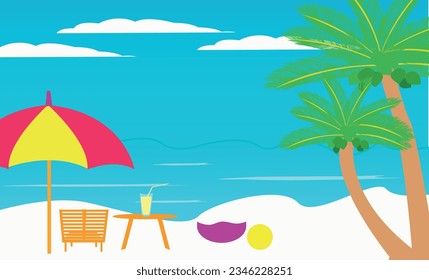 Summer holidays background. Umbrellas, desk chair, ball, lifebuoy, sunblock, starfish, and coconut cocktail on a sandy beach