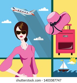 Summer holidays background. Vector illustration. Pretty Woman. 