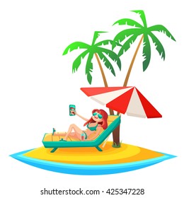 Summer Holidays background. Vector Illustration about Girl on beach. Selfie.