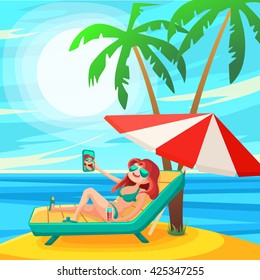 Summer Holidays background. Vector Illustration about Girl on beach. Selfie.