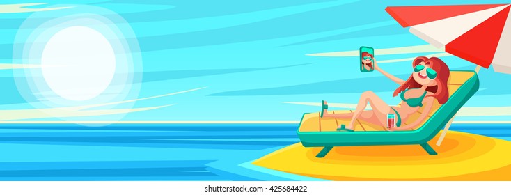 Summer Holidays background. Vector Illustration about Girl on beach. Selfie.