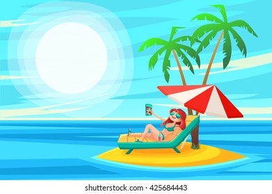 Summer Holidays background. Vector Illustration about Girl on beach. Selfie.