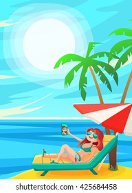 Summer Holidays background. Vector Illustration about Girl on beach. Selfie.