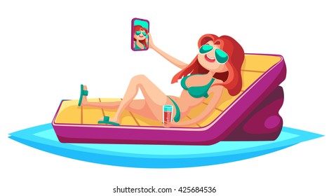 Summer Holidays background. Vector Illustration about Girl on beach. Selfie.