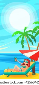 Summer Holidays background. Vector Illustration about Girl on beach. Selfie.