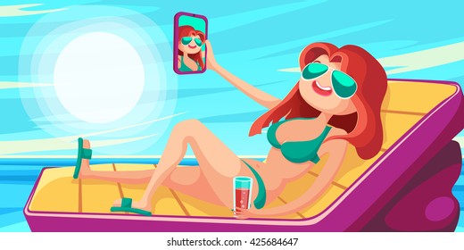Summer Holidays background. Vector Illustration about Girl on beach. Selfie.