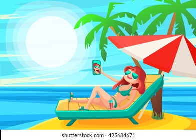 Summer Holidays background. Vector Illustration about Girl on beach. Selfie.