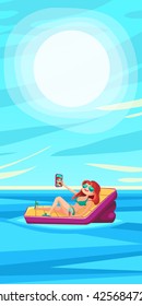 Summer Holidays background. Vector Illustration about Girl on beach. Selfie.