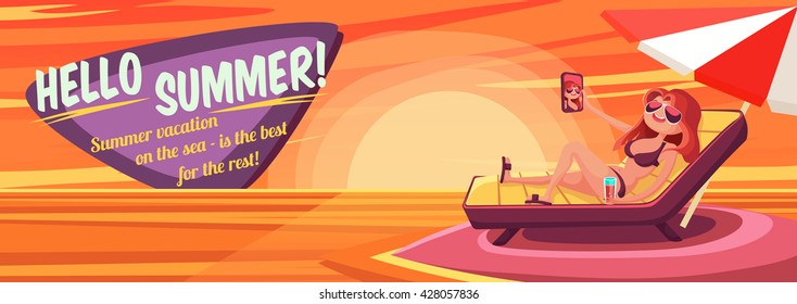 Summer Holidays background. Vector Illustration about Girl on beach. Selfie. Vacation on the sea.