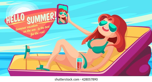 Summer Holidays background. Vector Illustration about Girl on beach. Selfie. Vacation on the sea.