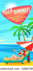Summer Holidays background. Vector Illustration about Girl on beach. Selfie. Vacation on the sea.
