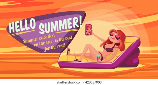 Summer Holidays background. Vector Illustration about Girl on beach. Selfie. Vacation on the sea.