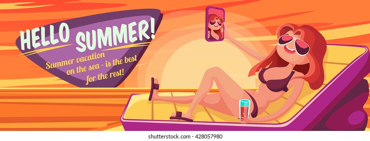 Summer Holidays background. Vector Illustration about Girl on beach. Selfie. Vacation on the sea.