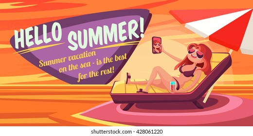 Summer Holidays background. Vector Illustration about Girl on beach. Selfie. Vacation on the sea.