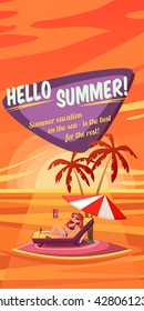 Summer Holidays background. Vector Illustration about Girl on beach. Selfie. Vacation on the sea.