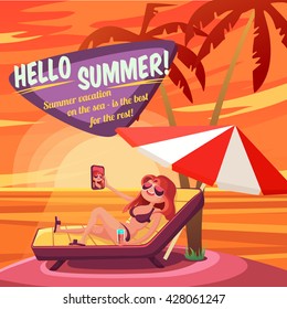 Summer Holidays background. Vector Illustration about Girl on beach. Selfie. Vacation on the sea.