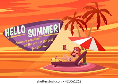 Summer Holidays background. Vector Illustration about Girl on beach. Selfie. Vacation on the sea.