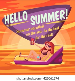 Summer Holidays background. Vector Illustration about Girl on beach. Selfie. Vacation on the sea.