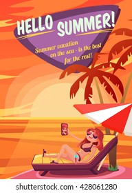 Summer Holidays background. Vector Illustration about Girl on beach. Selfie. Vacation on the sea.