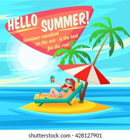 Summer Holidays background. Vector Illustration about Girl on beach. Selfie. Vacation on the sea.