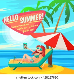 Summer Holidays background. Vector Illustration about Girl on beach. Selfie. Vacation on the sea.