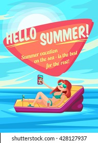 Summer Holidays background. Vector Illustration about Girl on beach. Selfie. Vacation on the sea.