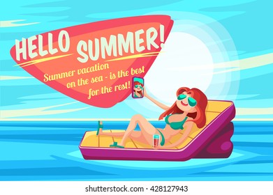 Summer Holidays background. Vector Illustration about Girl on beach. Selfie. Vacation on the sea.
